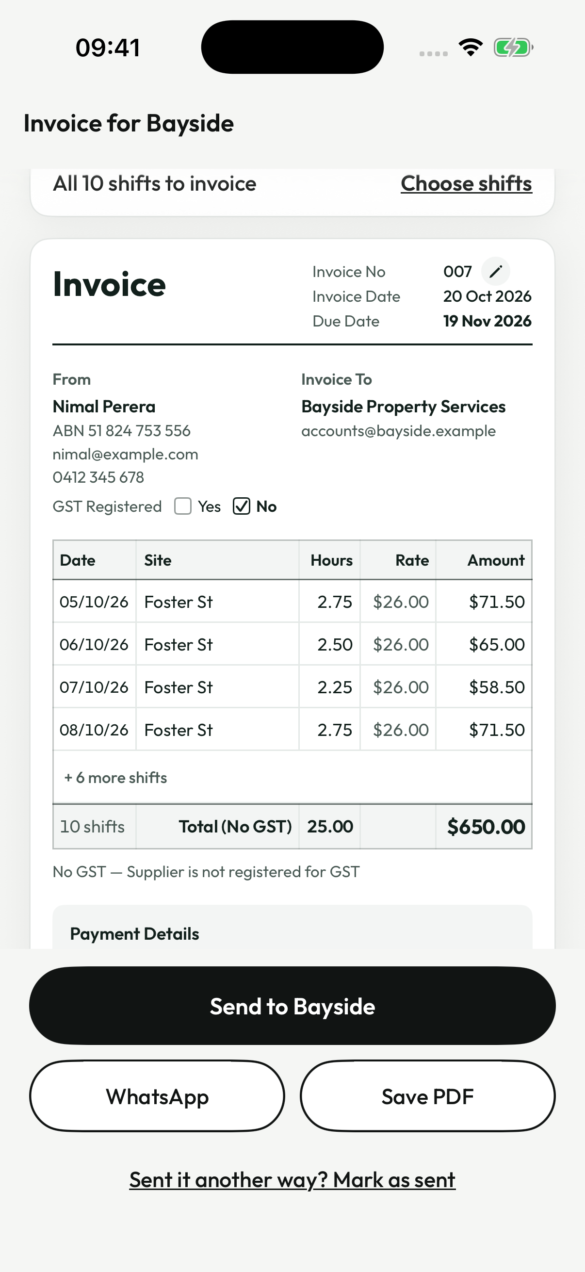 Migami invoice preview showing the ABN, contractor details, shift table, hours, rates and invoice total, with email, WhatsApp and PDF actions