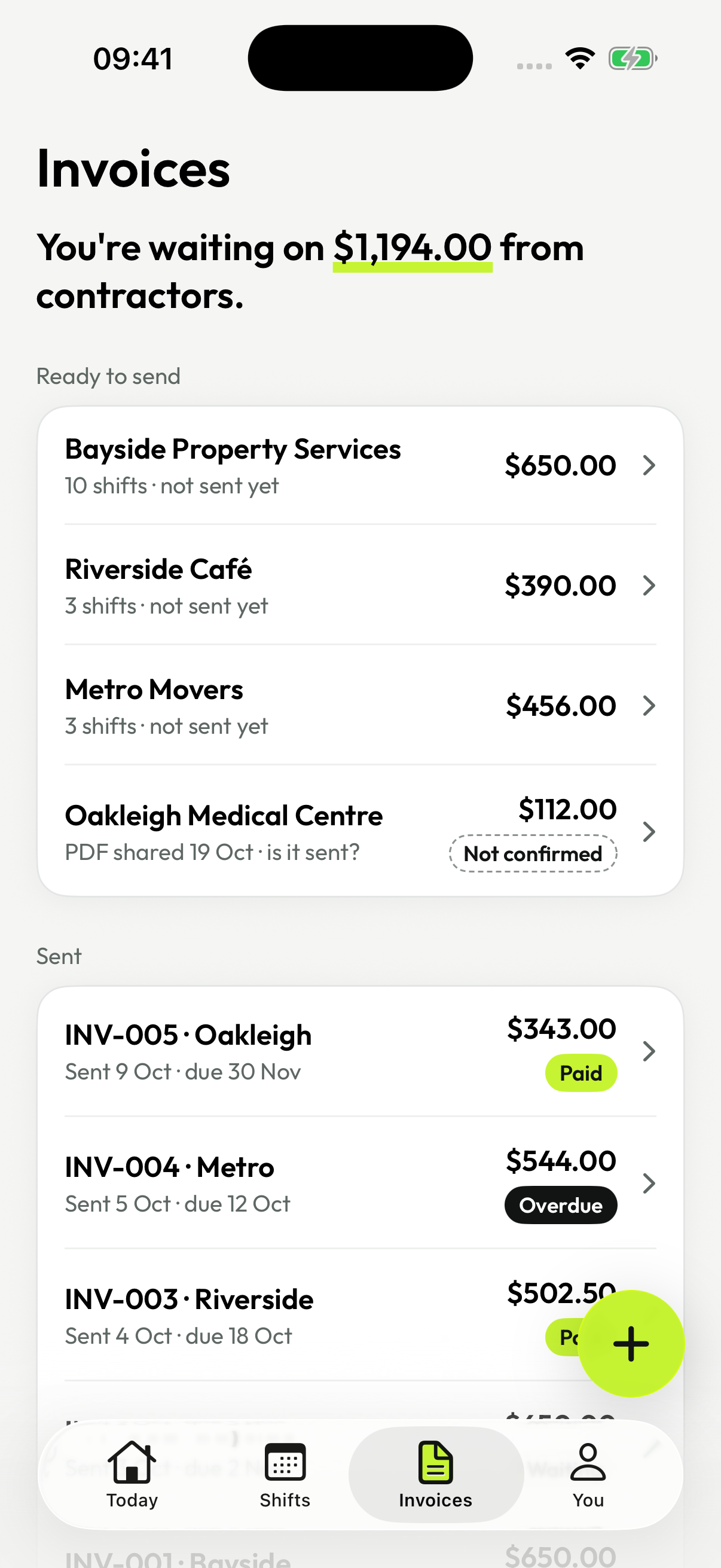Actual Migami Invoices screen, grouping invoices ready to send and tracking sent and paid invoices